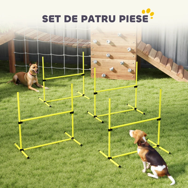 PawHut Set 4 Obstacole pentru Agility Dog, Antrenament Câini, Înălțime Reglabilă, cu Geantă de Transport, Galben