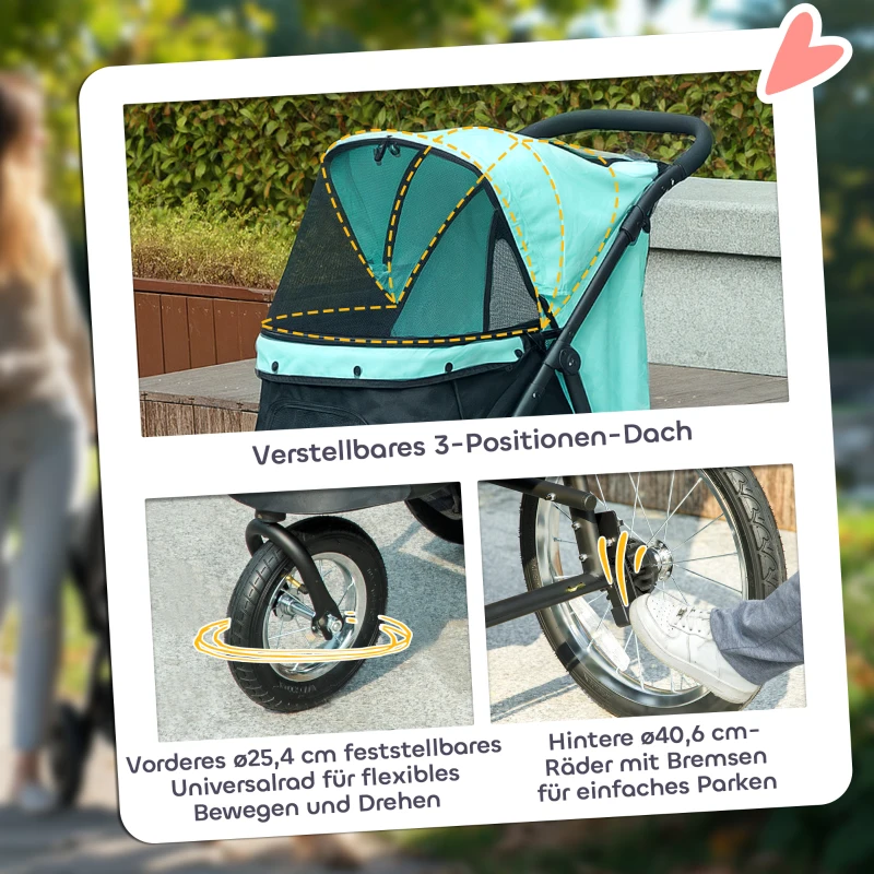 PawHut Hundebuggy, Haustierwagen für kleine Hunde und Katzen, mit Aufbewahrungskorb, Ein-Klick-Faltdesign, Türkis(m-6)