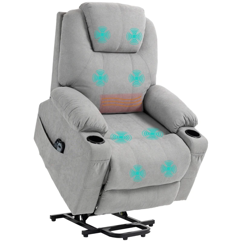 HOMCOM Massagestoel met Opsta-hulp voor Senioren, 8 Vibratiepunten, 2 Zijzakken, Drankhouder, 90 x 101 x 107 cm, Grijs