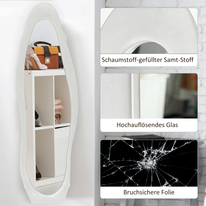 HOMCOM Volledige Lichaamsspiegel, 160 x 50 cm Golvende Staande Spiegel met Fluwelen Rand, Grote Wandspiegel, Passpiegel voor Woonkamer, Slaapkamer, Garderobe, Hal, Wit