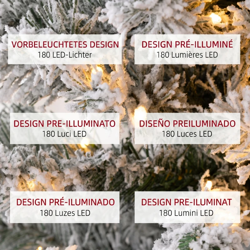 HOMCOM Brad de Crăciun înzăpezit cu 405 ramuri și lumini LED albe din plastic și metal, Ø57x210 cm, verde