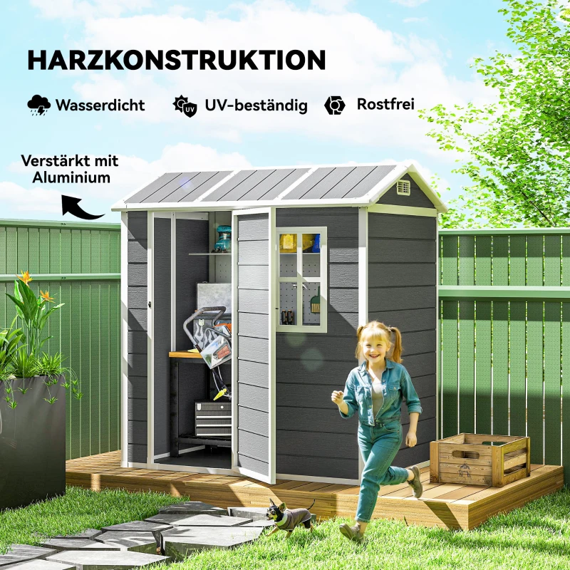 Outsunny Gartenhaus, Gartenschuppen mit Boden, Fenster, verschließbarer Tür, Kunststoff-Harz, wetterfest, Grau