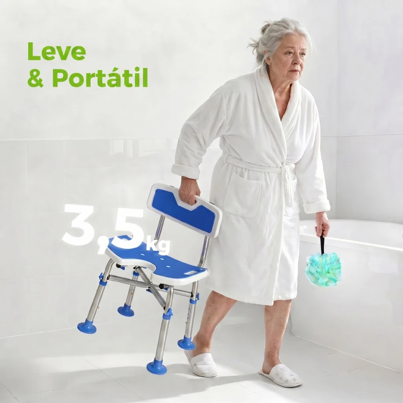 HOMCOM Cadeira de Duche para Pessoas Idosas Antideslizante com Altura Ajustável em 5 Posições Suporte para Duche de Mão 48x47,5x72-82 cm Azul