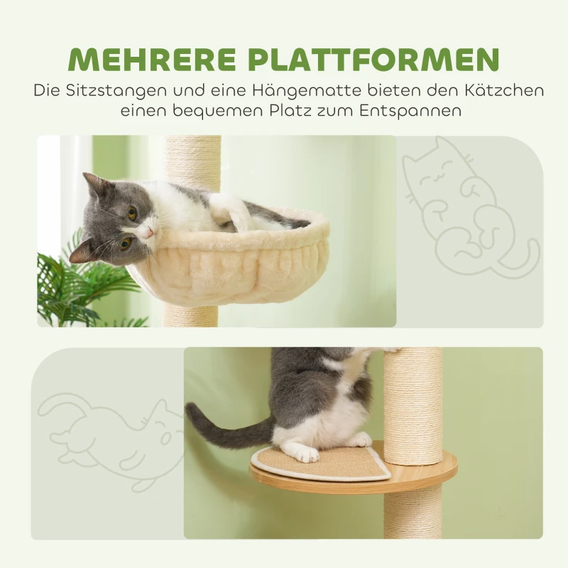 PawHut Plafondhoge krabpaal, anti-kantelbeveiliging, sisaltouwpaal, houtmateriaal, Eik+Crèmewit