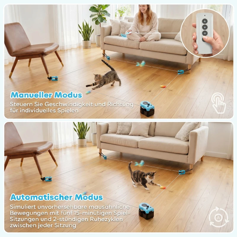 PawHut Automatisches/Ferngesteuertes Katzenspielzeug mit einstellbare Geschwindigkeit anpassbaren Laufwegen Schwarz