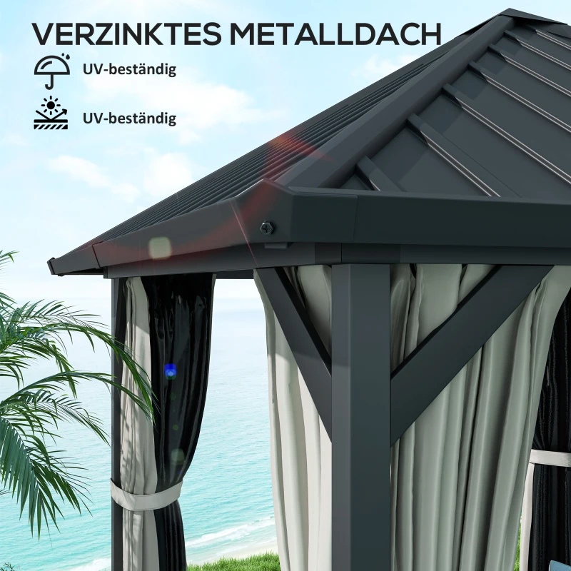 Outsunny 3 x 3 m harddak-paviljoen, tuinpaviljoen met metalen dak, waterbestendige tuintent met net en zijwanden, donkergrijs