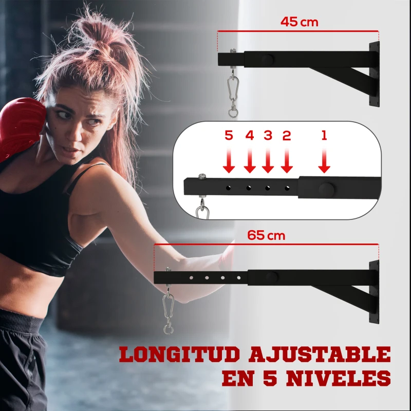 SPORTNOW Soporte Saco Boxeo de Pared con Distancia Ajustable Gancho Giratorio Cadenas 45-65 cm Negro