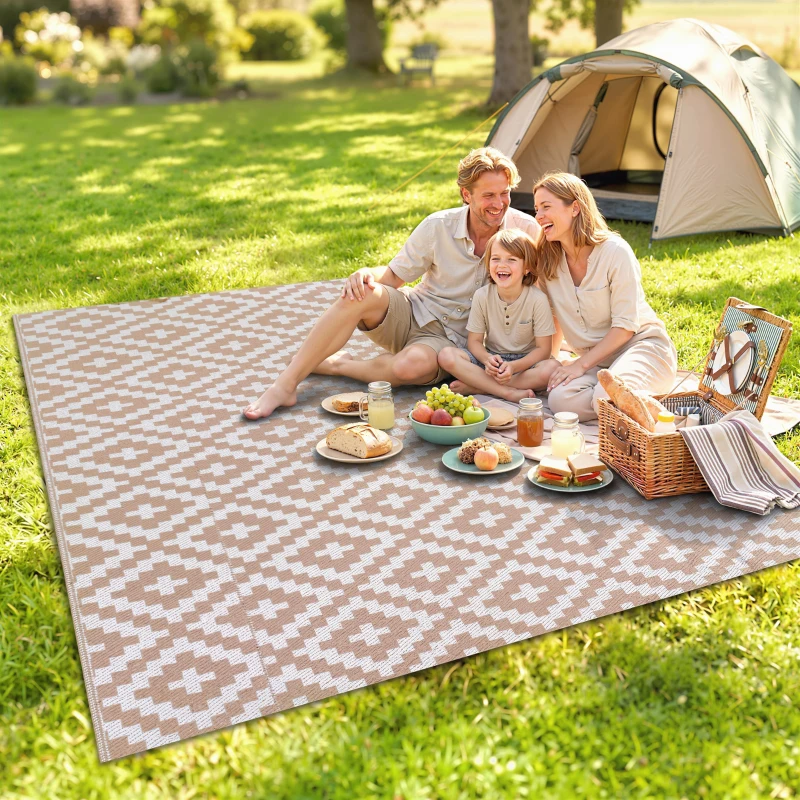 Outsunny Alfombra de Exterior Reversible 182x274 cm con Patrón Geométrico Acabado Impermeable Café y Blanco