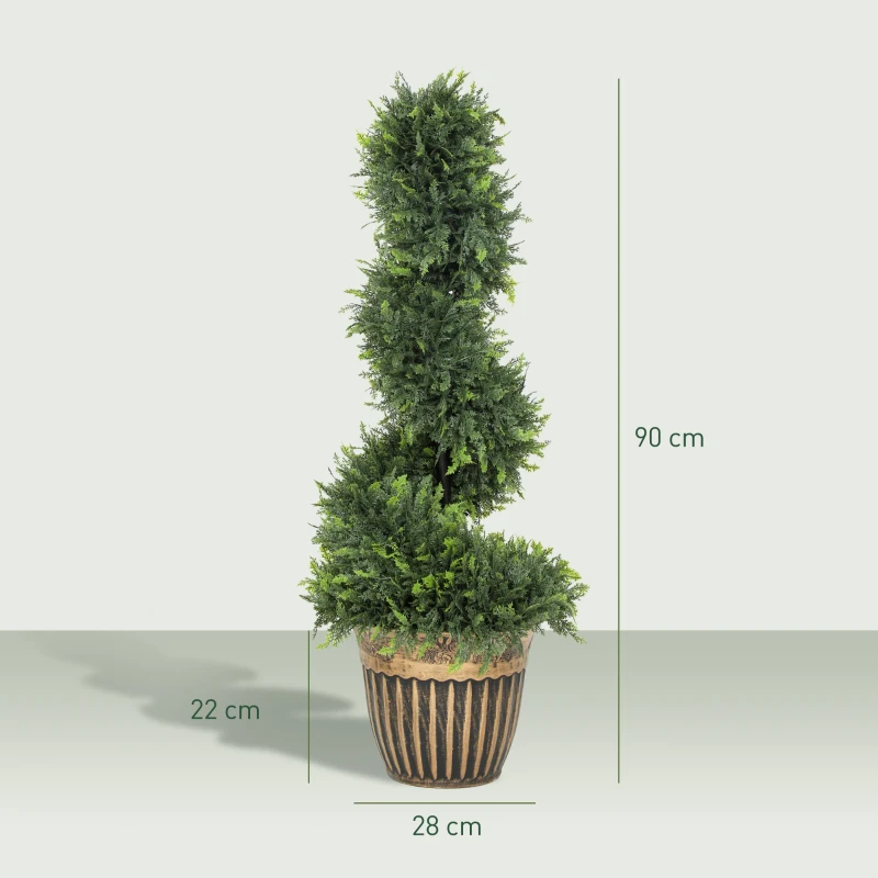 HOMCOM Set of 2 Artificial Plants, Topiary Spiral Boxwood Cypress Trees with Pot, for Home Indoor Outdoor Decor, 90cm