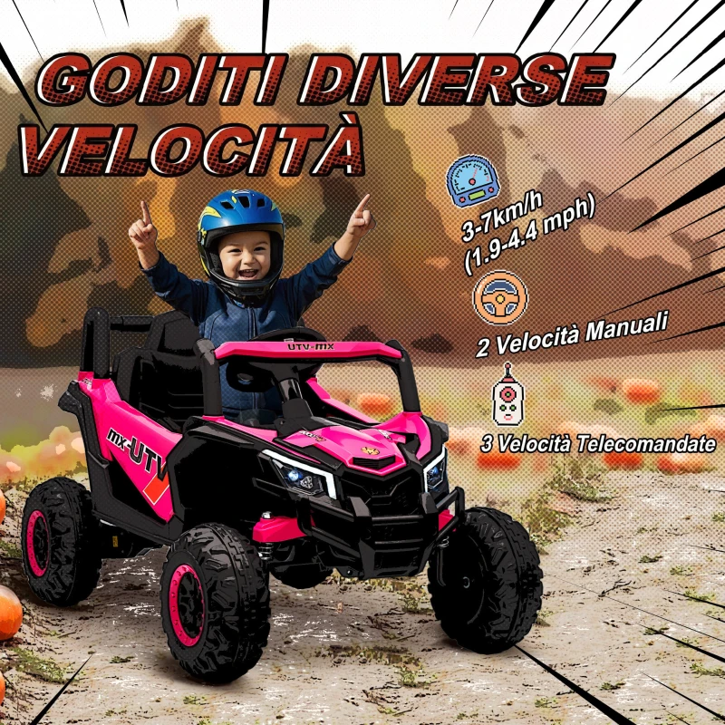 AIYAPLAY Macchina Elettrica per Bambini UTV 12V con Cintura, Telecomando, Sospensioni, USB, 3-7 km/h, 3-5 Anni, Rosa