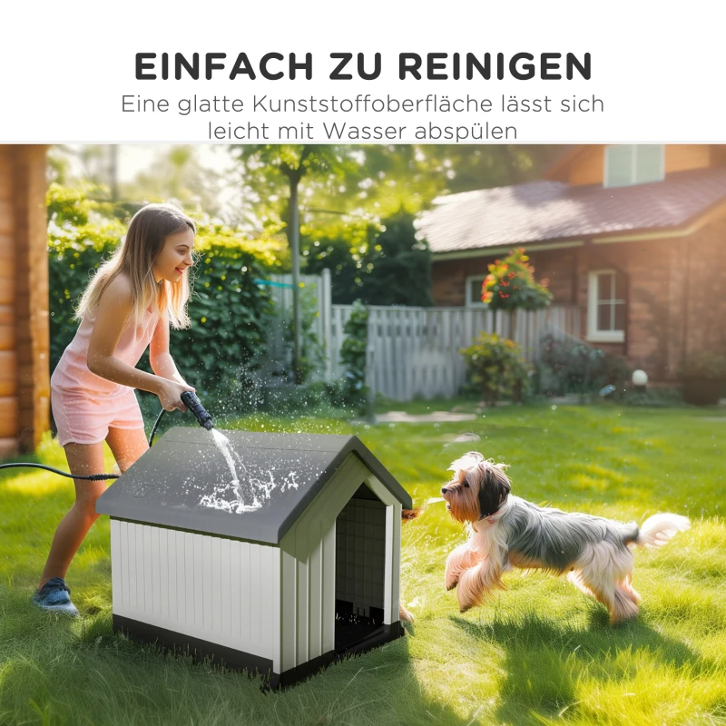 PawHut hondenhok voor buiten, kunststof hondenhuis met schuin dak, ventilatieraam, waterdichte hondenhuis voor mini en kleine honden, grijs, 62 x 61 x 60 cm