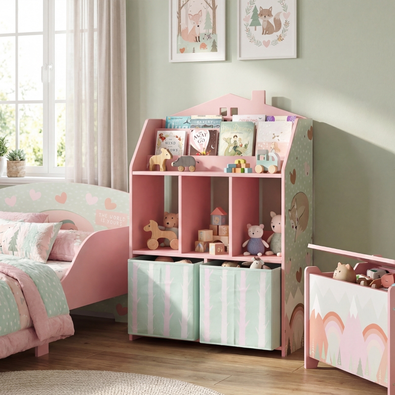 AIYAPLAY Estante Infantil para Brinquedos com Gavetas de Tecido Prateleiras Abertas Design de Raposas Organizador de Brinquedos Rosa