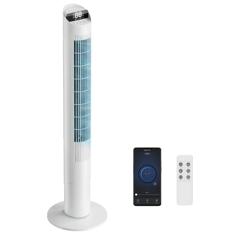 HOMCOM Tower Fan with WiFi App Control Standing Floor Cooling Fan Remote Control 101.8 cm White