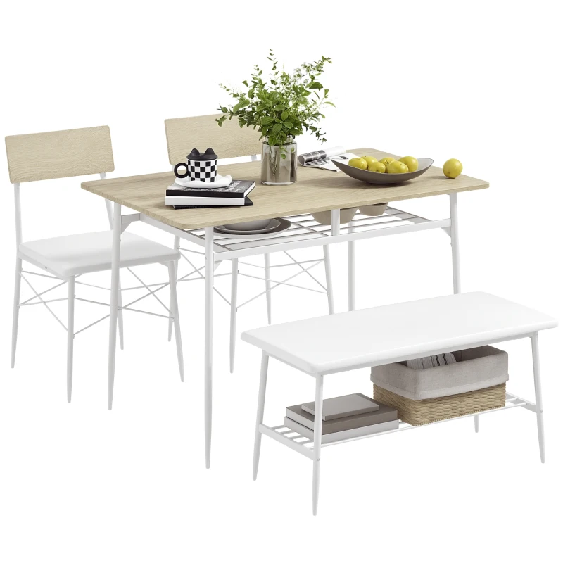 HOMCOM Eetset Eettafel met Bank en 2 Stoelen – Ruimtebesparende Keukentafelset met Opbergruimte voor 4 Personen – Eetkamermeubel voor Keuken, Eetkamer, Eiken