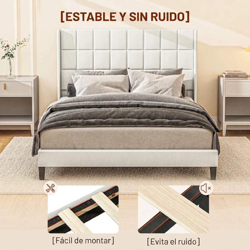 HOMCOM Cama 135x190 cm con Almacenaje Inferior Tapizada y Cabecero Acolchado con Orejas Beige