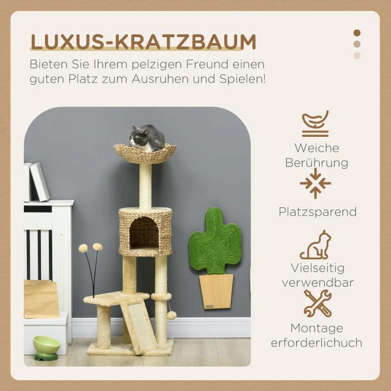 PawHut Krabpaal met Kattenhol, Ligplatform, Speelbal, 45x40x116cm, Bruin/Beige