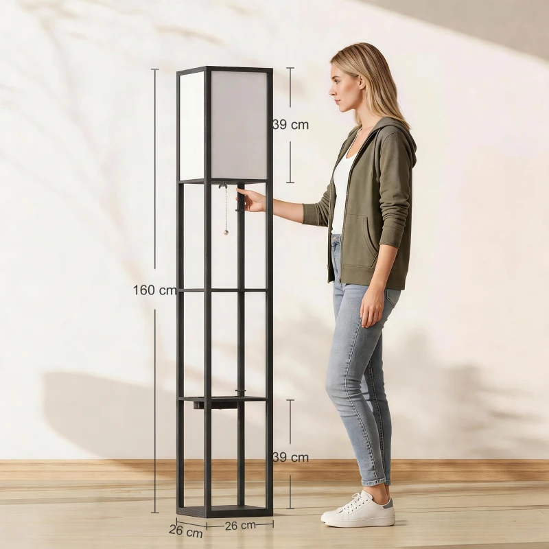 HOMCOM Floor Lamp with Shelves, 3 Layer Column Modern Standing Lamp for Living Room, Bedroom, Office, Black