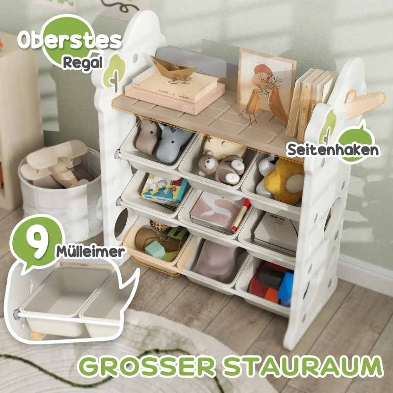 AIYAPLAY Kinderkast, 4-laags Speelgoedkast met 9 Uitneembare Bakken, Plank, Haken, Opbergkast voor Kinderkamer, Speelkamer, 77 x 42 x 94 cm, Crèmewit