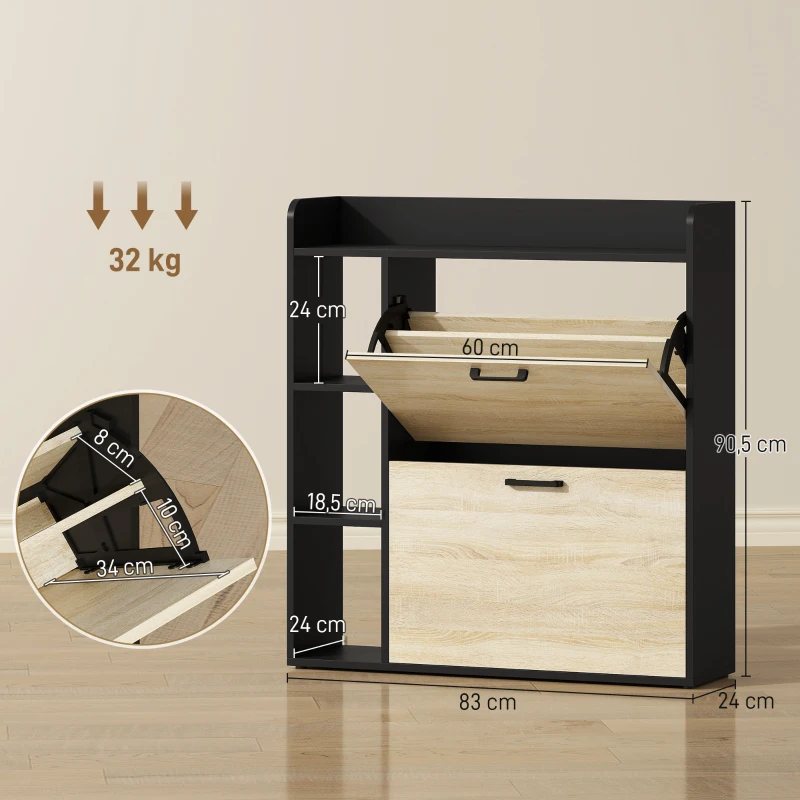 HOMCOM Sapateira Estreita com 3 Prateleiras Laterais e Prateleiras Ajustáveis para 15 Pares de Sapatos 83x24x90,5 cm Madeira e Preto