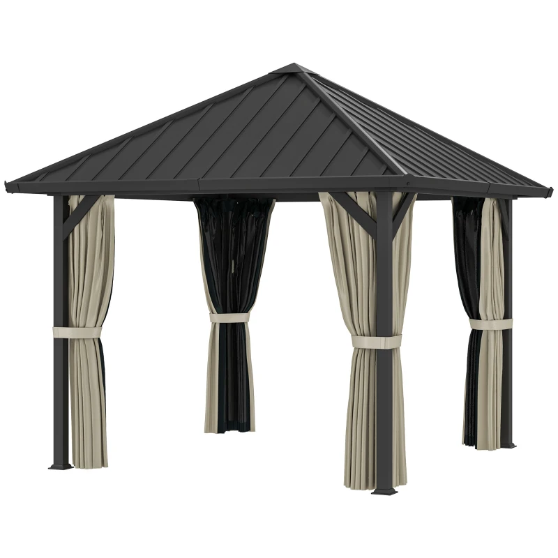 Outsunny 3 x 3 m harddak-paviljoen, tuinpaviljoen met metalen dak, waterbestendige tuintent met net en zijwanden, donkergrijs