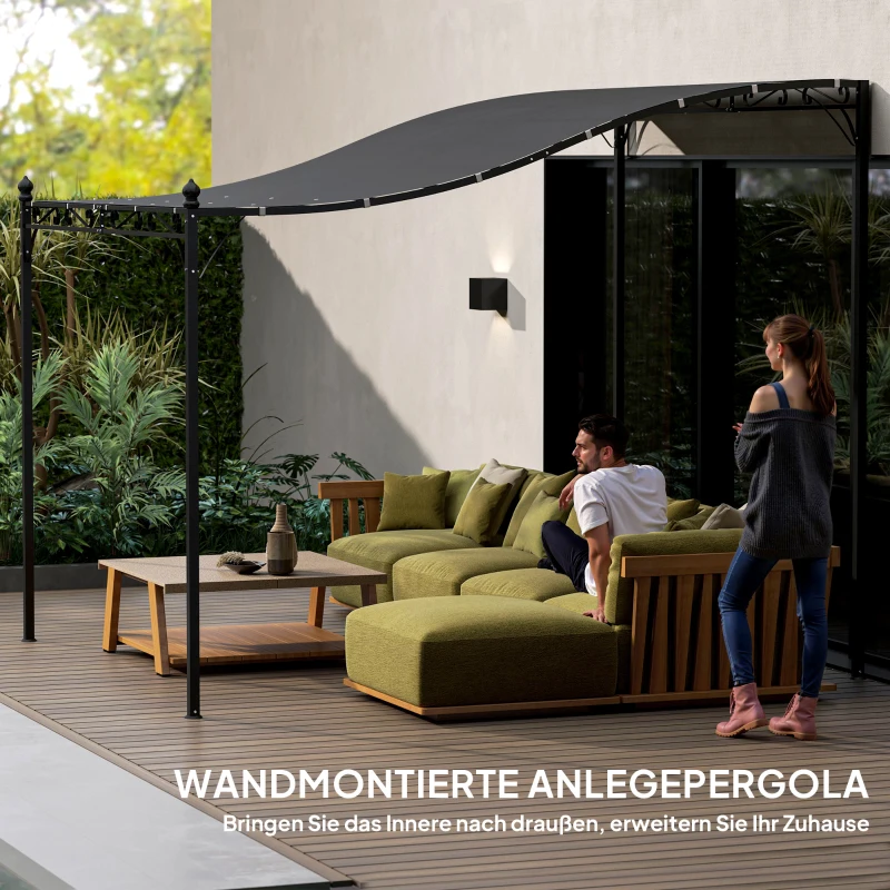 Outsunny 3 x 2,5 m pergola, wandgemonteerd tuinpaviljoen, waterbestendig, metalen frame, afvoergaten, schaduwdoek, donkergrijs