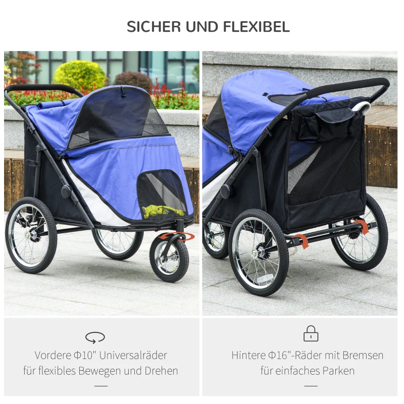 PawHut Hundebuggy, faltbar, aufklappbar, Liegekissen, Stahlrahmen, Blau/Schwarz(m-5)