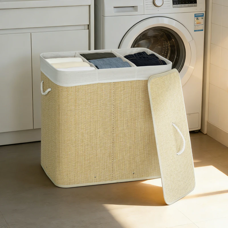 HOMCOM Coș pentru Rufe din Bambus cu Capac, 144L, 3 Compartimente, Sac Detașabil și Lavabil, Mânere, Crem