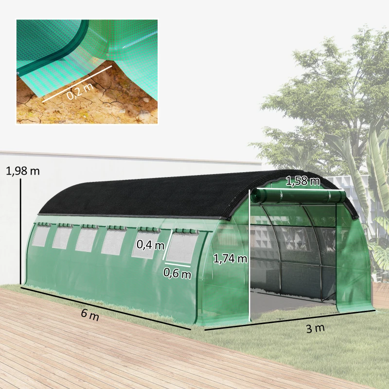 Outsunny 6 x 3 x 2 m polytunnelkas met zonneschermnet, oprolbare zijwanden, kunststofafdekking, stalen frame, groen