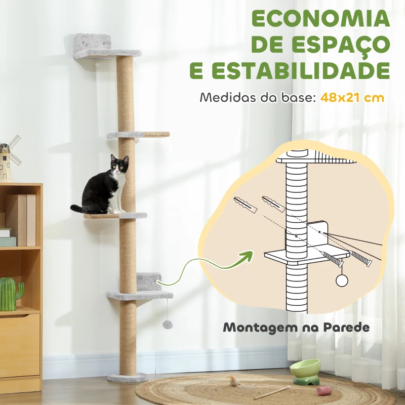 PawHut Arranhador para Gatos de Parede de 5 Níveis Estreito com Bola e Arranhadores de Sisal 48x21x180 cm Cinza Claro