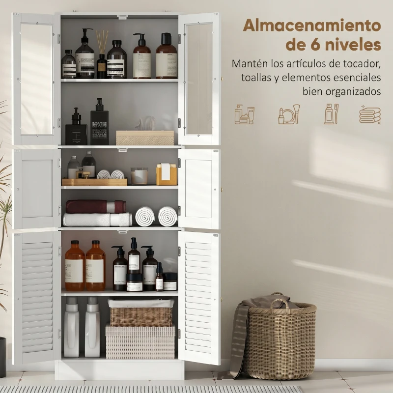 HOMCOM Armário de Casa de Banho Alto com Portas de Vidro Portas de Ripas e Prateleiras Ajustáveis 60x30x170 cm Branco