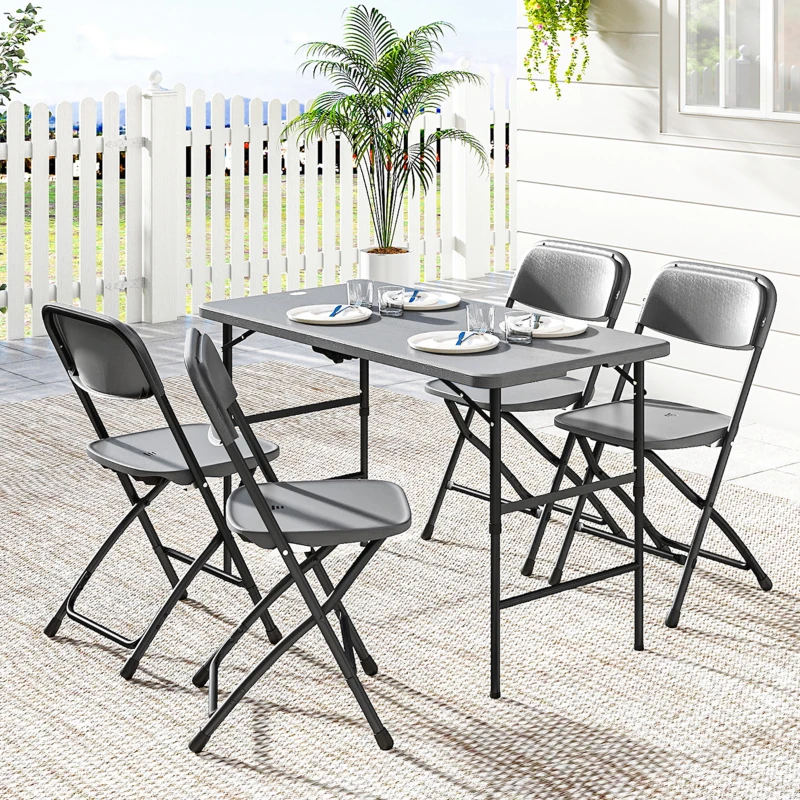 Outsunny Conjunto de Mesa e Cadeiras de Jardim com Mesa Dobrável Ajustável de 55 a 74 cm e 4 Cadeiras Dobráveis para Terraço Cinzento
