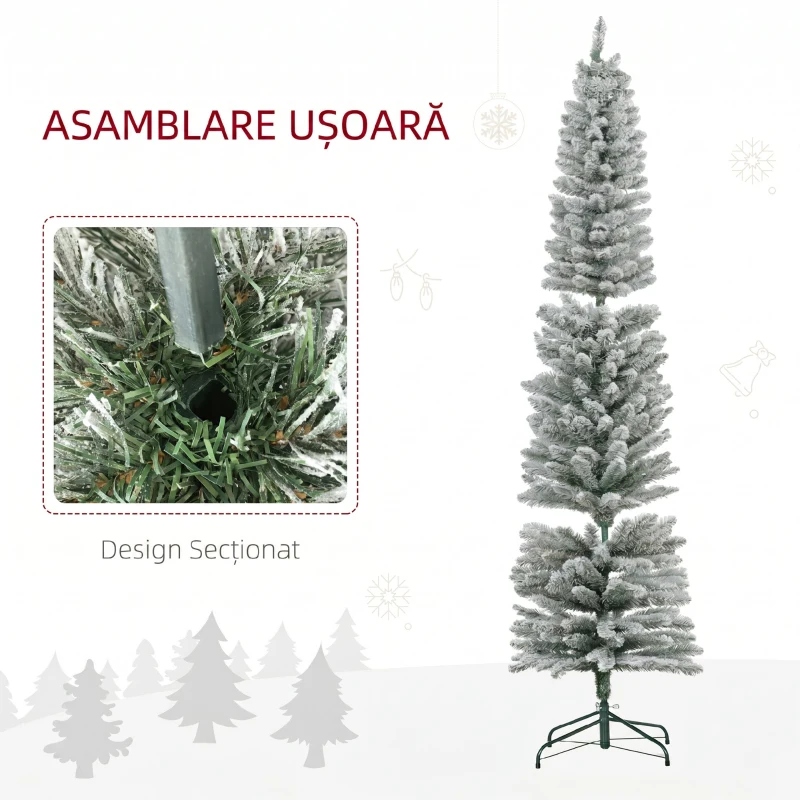 HOMCOM Brad de Crăciun înzăpezit cu 405 ramuri și lumini LED albe din plastic și metal, Ø57x210 cm, verde