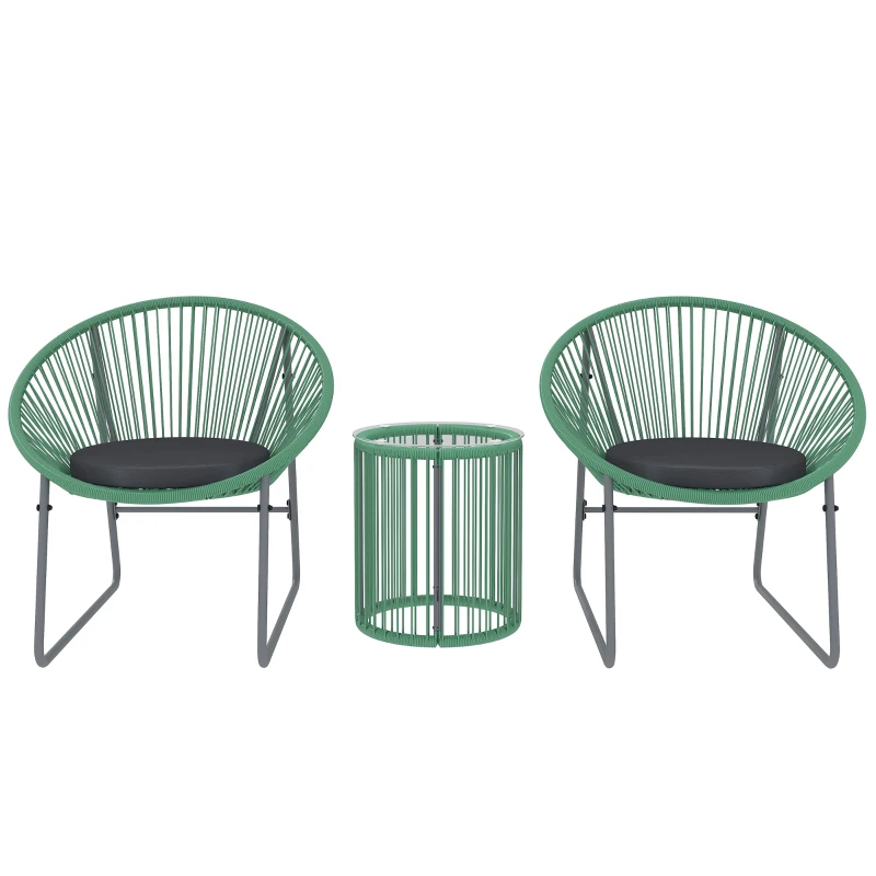 Outsunny 3-teiliges Outdoor-Möbelset, 1 Tisch, 2 Stühle, Glastischplatte, Kunststoff-Rattan um Stahlrahmen, weiche Kissen, Grün