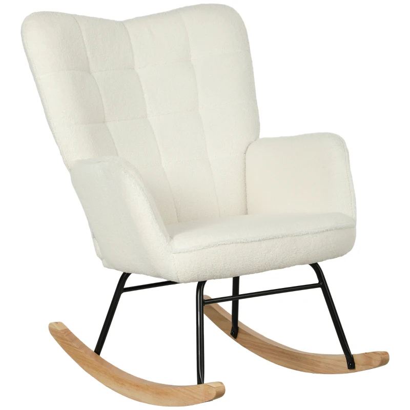 HOMCOM Schaukelstuhl in Vliesoptik mit Armlehnen, Ergonomischer Sessel mit Holzkufen, für Wohnzimmer, Schlafzimmer, Weiß(m-10)