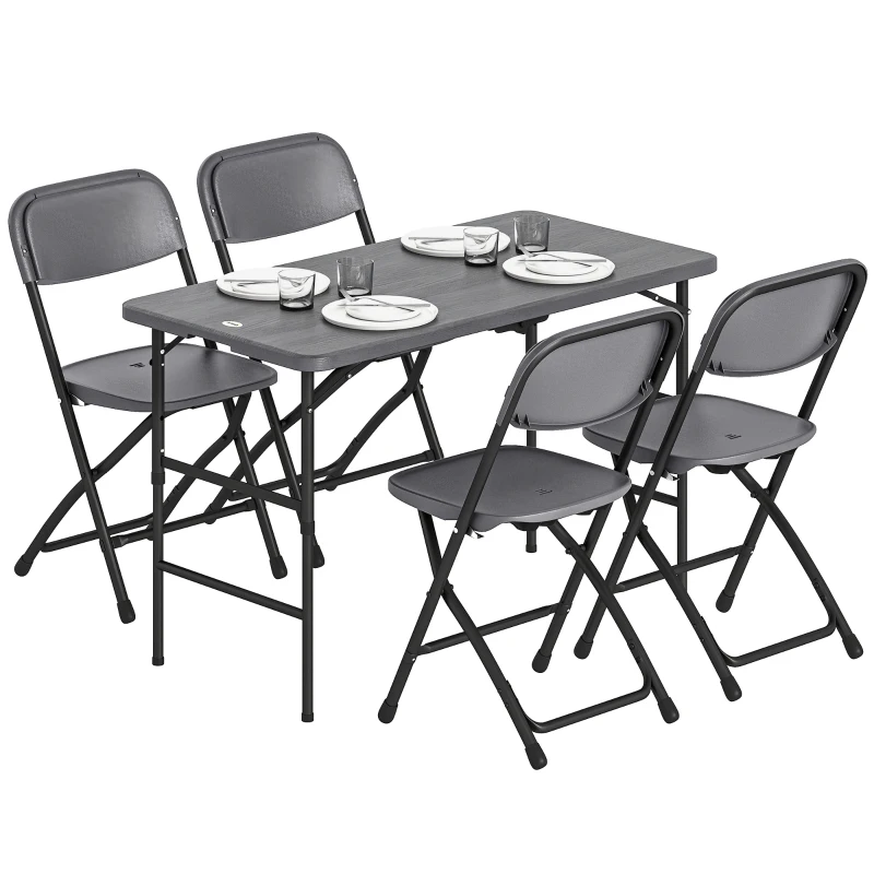 Outsunny Conjunto de Mesa e Cadeiras de Jardim com Mesa Dobrável Ajustável de 55 a 74 cm e 4 Cadeiras Dobráveis para Terraço Cinzento