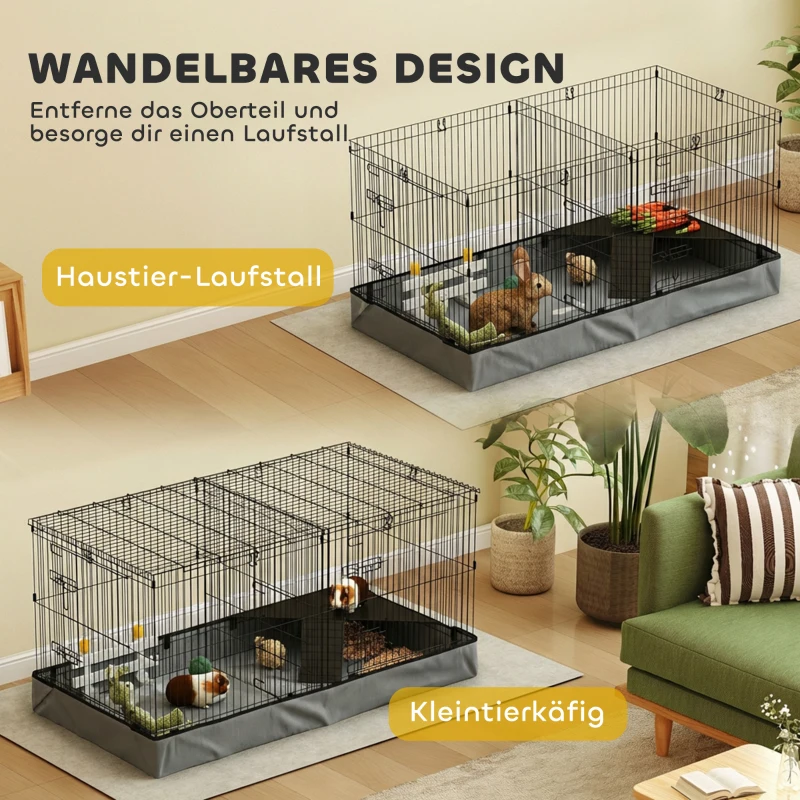 PawHut 2-in-1-Zwerghamsterkäfig, Kleintierkäfig, Stoffboden, Sitzstangen, Rampe, Schwarz