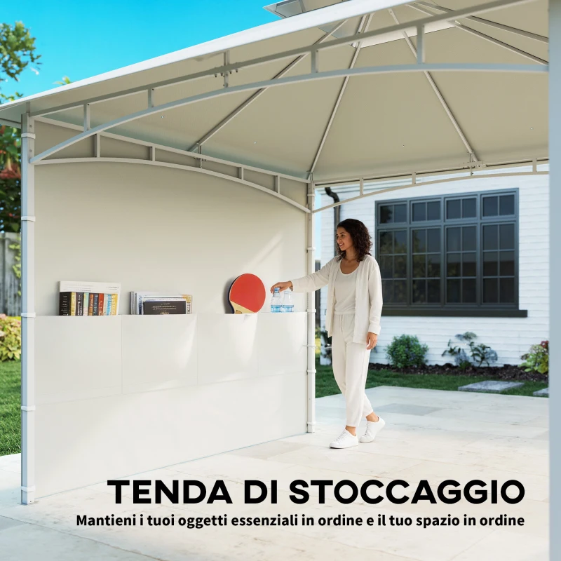 Outsunny Gazebo da Giardino 3x3 m in Metallo con Tende, Tasche Portaoggetti e Gancio a Soffitto, Bianco Crema