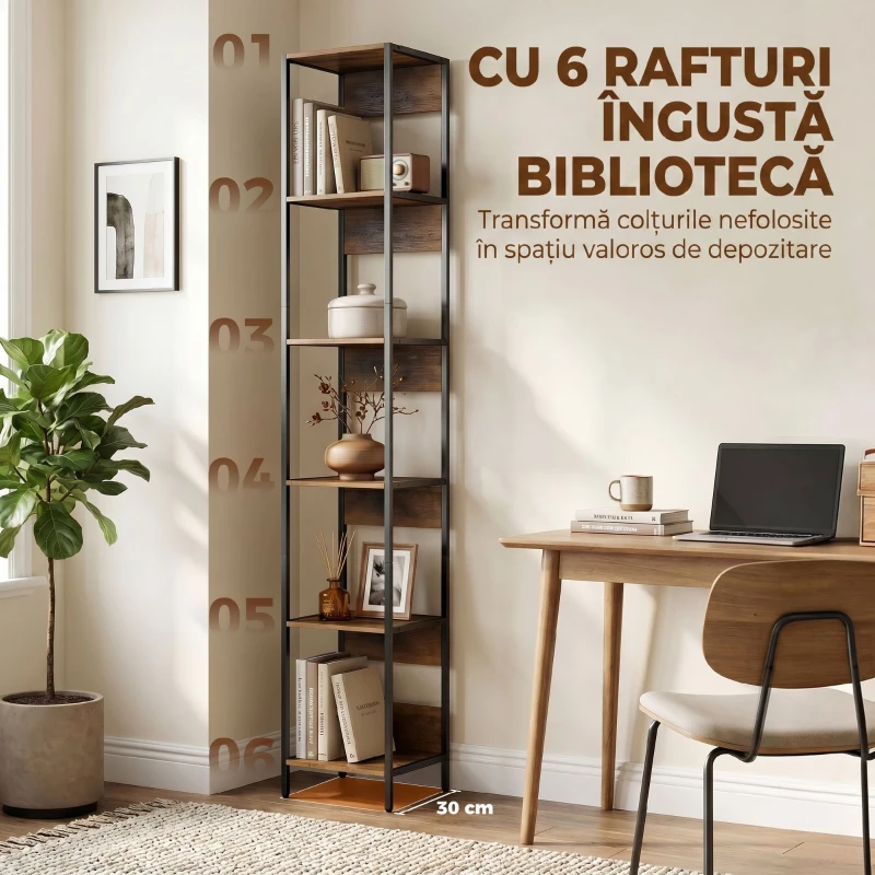 HOMCOM Bibliotecă cu 6 Rafturi, Finisaj Lemn Maro