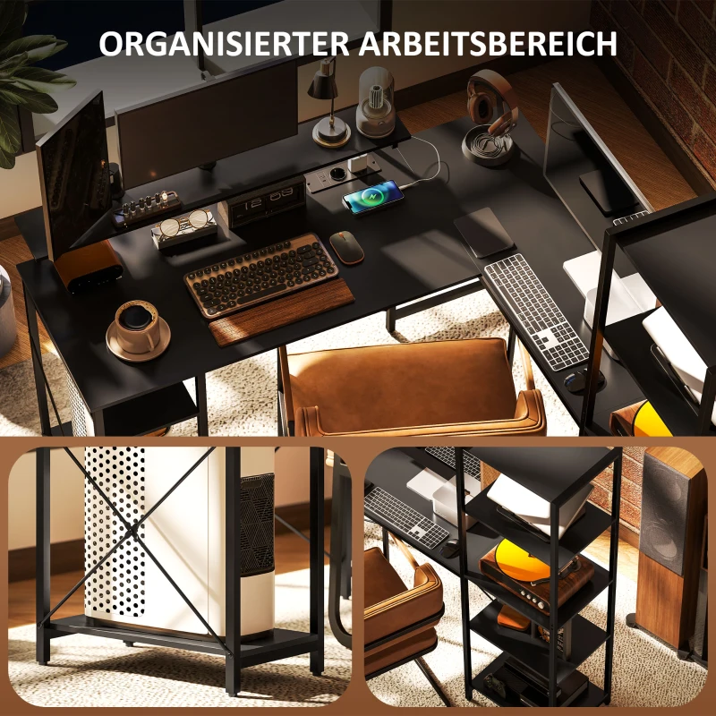 HOMCOM L-vormig bureau met oplaadstation, hoekcomputertafel met monitorstandaard en planken, voor thuiskantoor, kantoor, zwart(m-6)