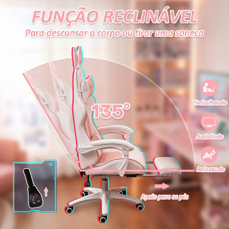Vinsetto Cadeira Gaming Giratória de Couro PU com Altura Ajustável Inclinável 135° Apoio para a Cabeça 65x63x136-142 cm Rosa e Preto