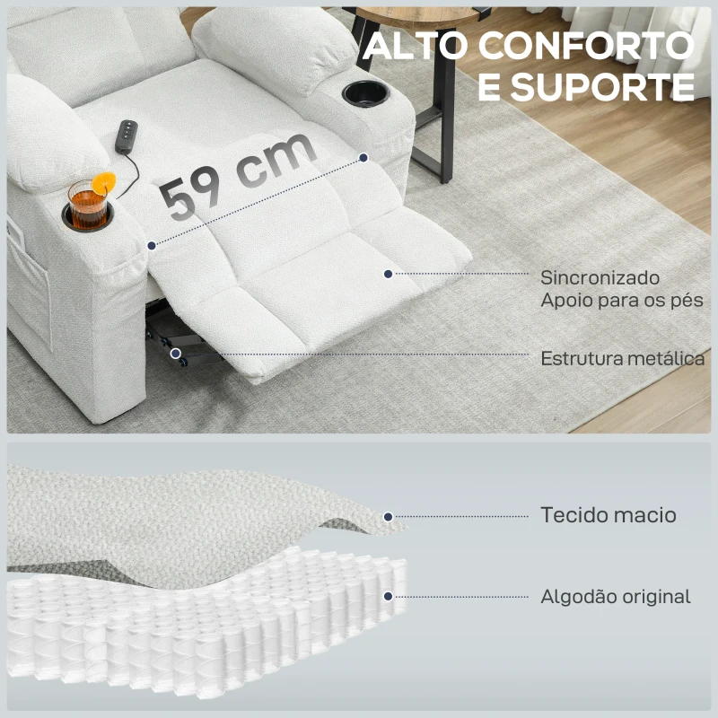 HOMCOM Poltrona Relax Reclinável Elétrica com Função Memória Apoio para Pés Controlo Remoto e Porta USB 94x90x105 cm Creme