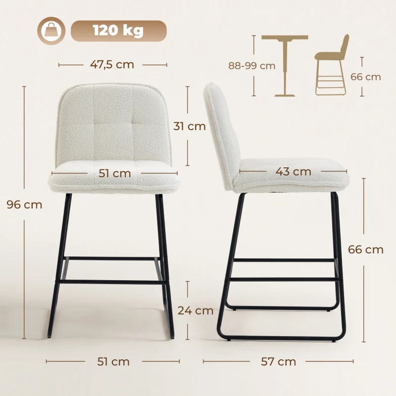 HOMCOM Lot de 2 Tabourets de Bar, Chaises de Bar Rembourrées en Tissu Bouclette, Extra-Large Assise 66H cm, Crème