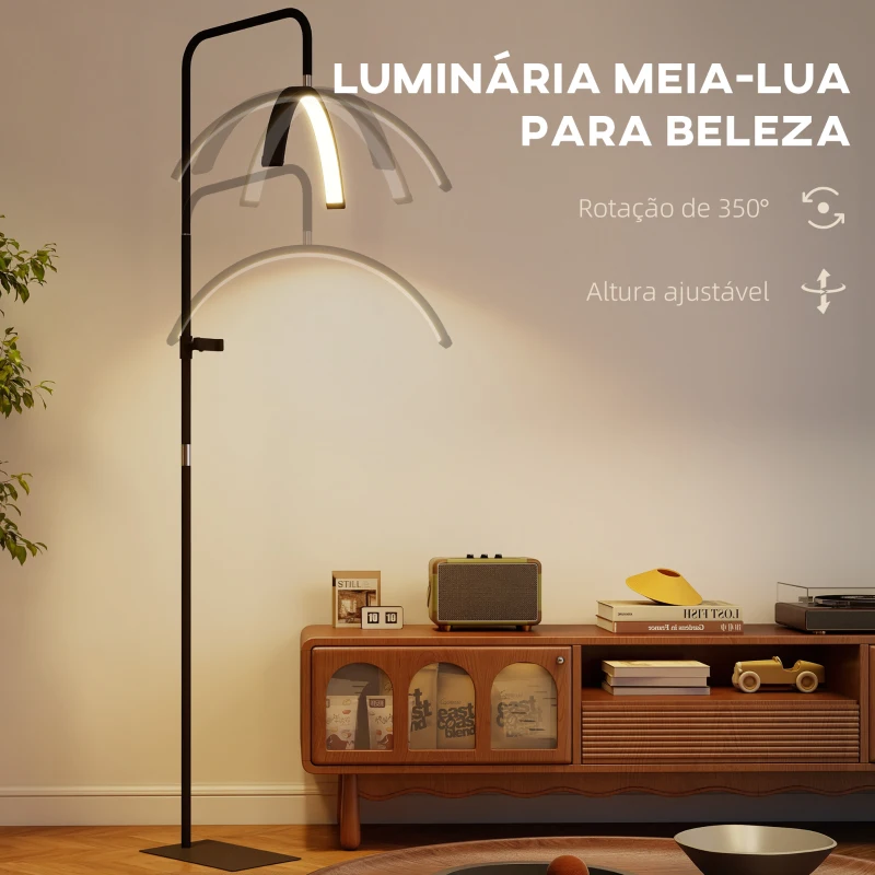 HOMCOM Candeeiro de Pé Meia Lua  com Cabeça Giratória 350° 7 Temperaturas de Cor Brilho Ajustável Suporte para Telemóvel Preto