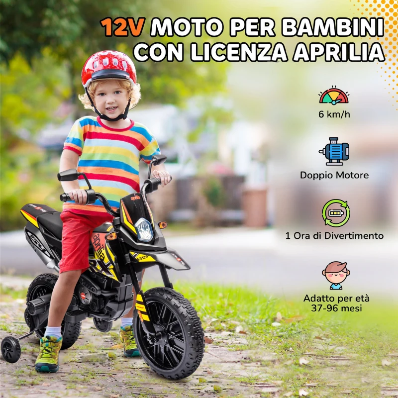 AIYAPLAY Moto Elettrica per Bambini da 37-96 Mesi con 12V Doppi Motori e Rotelle Rimovibili, Capacità 30kg, Giallo