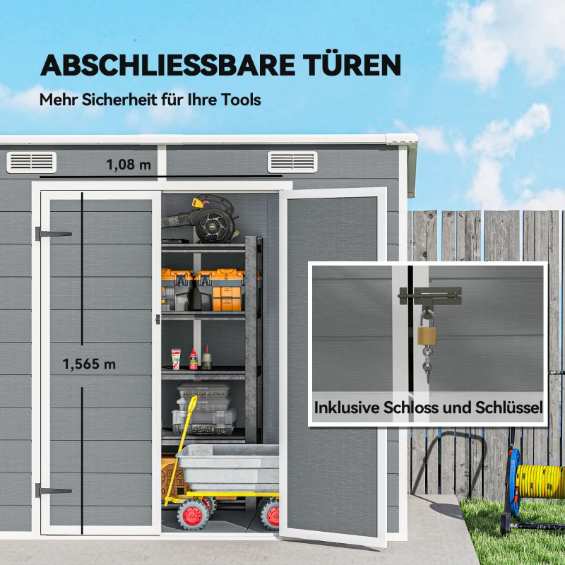 Outsunny 2,4 x 1,3 m Gartenschuppen, Kunststoff-Gartenhaus mit Boden, Fenster, verschließbare Türen, für Garten, Terrasse, Grau