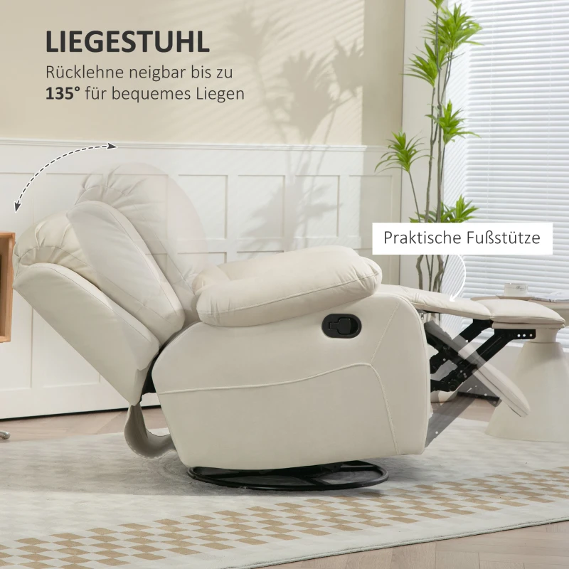 HOMCOM Relaxsessel, verstellbare Lehne & Fußstütze, drehbar, bis 150 kg, Stahlrahmen, 93x100x98cm, Cremeweiß(m-4)