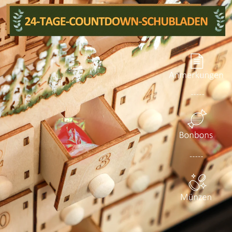 HOMCOM Adventskalender, Weihnachtsdorf, 18 LEDs, 24 Schubladen, wiederverwendbar, 45 x 9 x 42,5 cm(m-5)