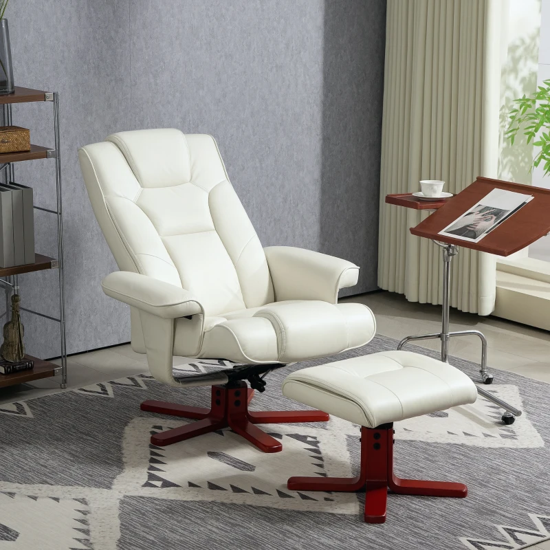 HOMCOM Sillón Reclinable con Reposapiés y Estructura de Madera Carga 150 kg Butaca para Dormitorio Crema