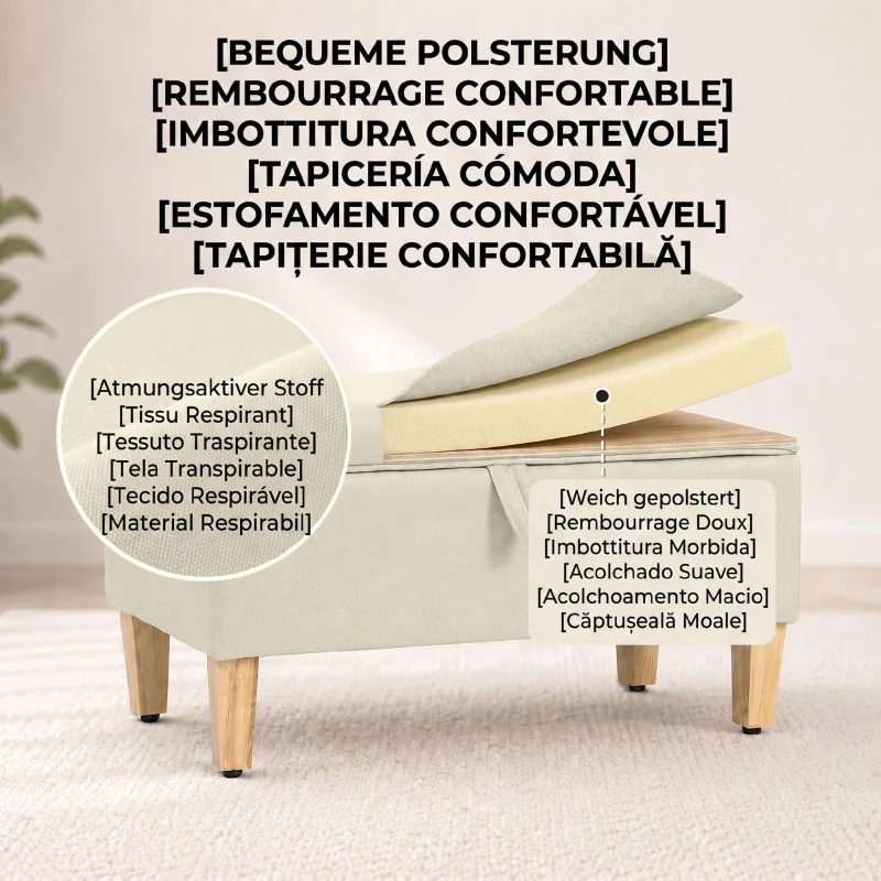 HOMCOM Banc de rangement, bout de lit, repose-pieds rembourré en lin avec pieds en bois de caoutchouc, 71x37x36cm, beige