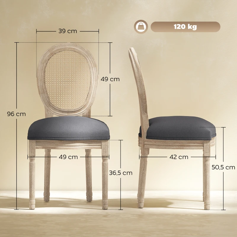 HOMCOM Küchenstühle im 2er-Set, weich gepolstert, Vintage-Design, Rattanoptik, Grau(m-3)